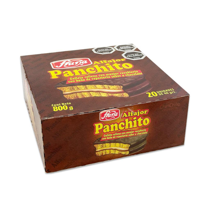 Una gran caja marrón de 20 Alfajores de Fruna.