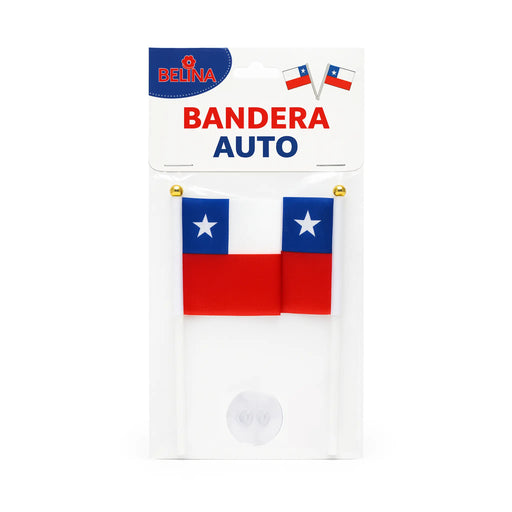 Autobandera empaquetada con diseño chileno sobre fondo blanco