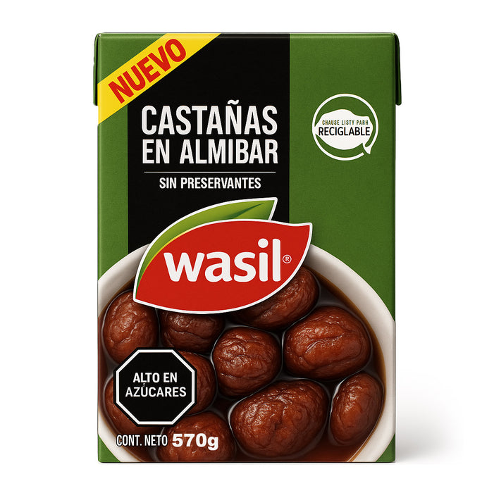 Wasil Castañas en Almíbar - Castañas chilenas en almíbar en envase de cartón verde sobre fondo blanco.