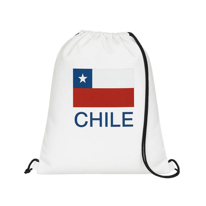 Bolsa blanca con cordón y diseño de la bandera chilena sobre fondo blanco