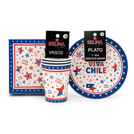 Vajilla con diseño "Viva Chile" que incluye taza, plato y servilleta sobre fondo blanco.