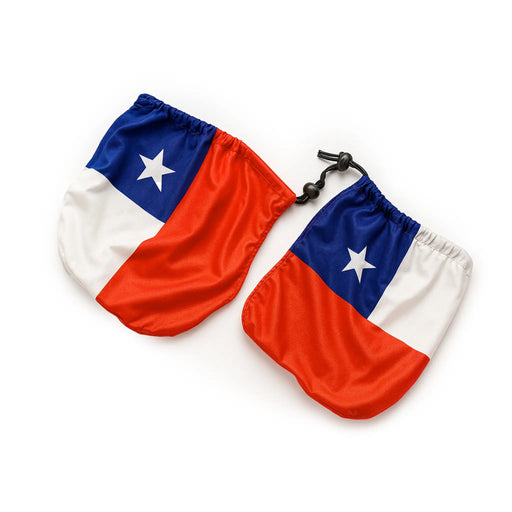 Cubre retrovisor de coche con bandera chilena 15x20 cm sobre fondo blanco.