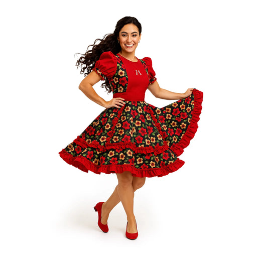 Mujer sonriente con vestido tradicional chileno Vestido Huasa Chinita en rojo con falda floral negra, traje de baile para cueca y Fiestas Patrias.