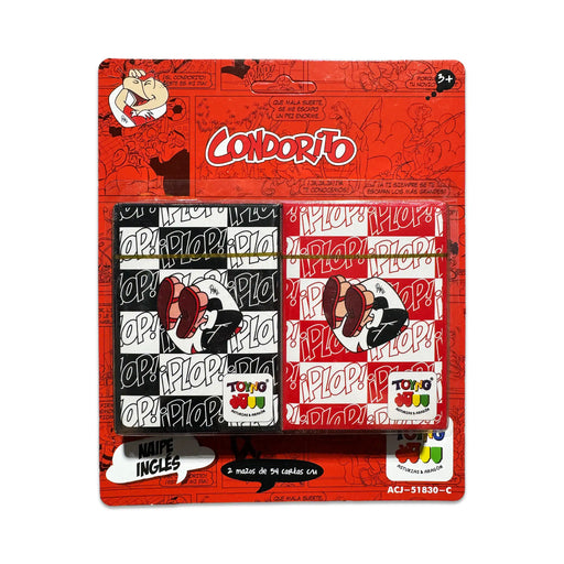 Condorito Plop naipes embalaje frontal - dos barajas de 54 naipes cada una en diseños negro y rojo con el personaje de dibujos animados Condorito