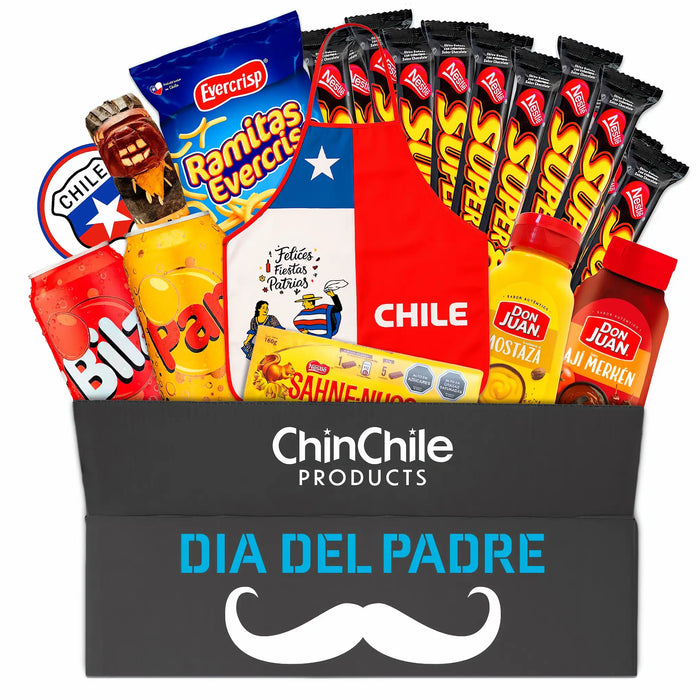 Caja chilena de regalo para el Día del Padre con delantal, snacks, refrescos Bilz y Pap, y golosinas chilenas - opción Ramitas Originales.