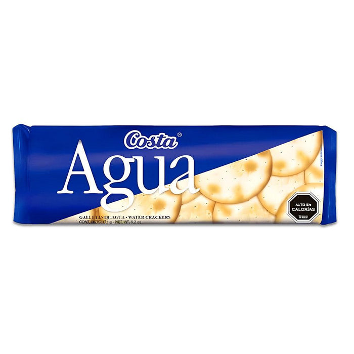 Un paquete azul de galletas de agua gullets de aqua de Costa.