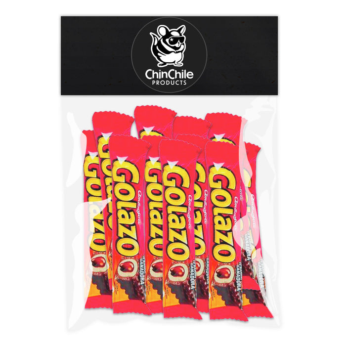 Una bolsa ChinChile de Golazo que contiene 12 tabletas de chocolate. Un producto importado de Chile.