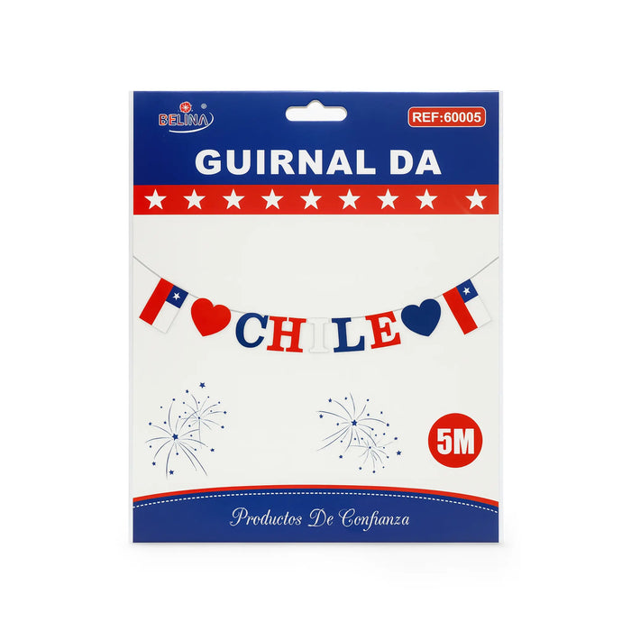 Embalaje de una pancarta decorativa de temática chilena con colores rojo, blanco y azul sobre fondo blanco.