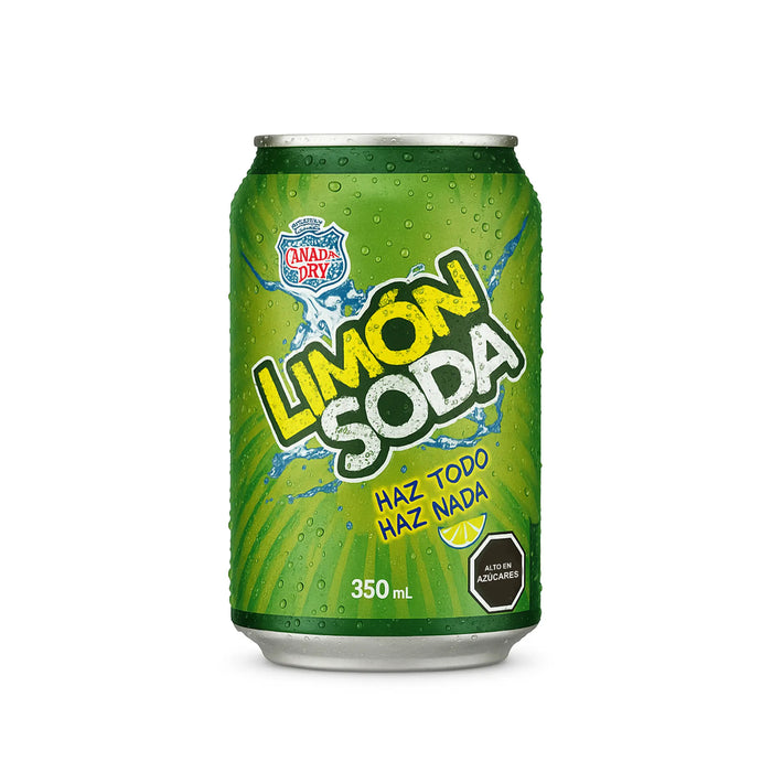 Una lata verde de 350 ml de Limon Soda sobre fondo blanco.