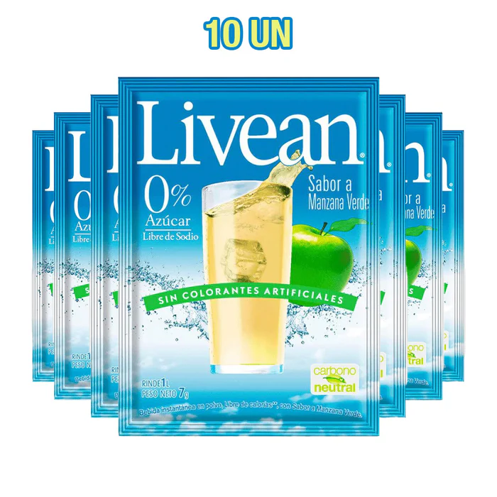 Un paquete de 10 zumos con sabor a manzana Livean en envases individuales azules con un vaso de zumo de manzana en la parte delantera.