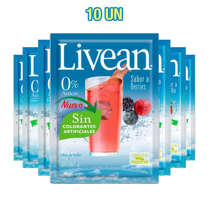 Un paquete de 10 zumos con sabor a bayas Livean en envases individuales azules con un vaso de zumo de bayas rojas en la parte delantera.