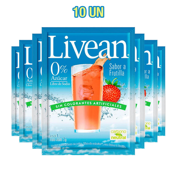 Un paquete de 10 zumos Livean con sabor a fresa en envases individuales azules con un vaso de zumo de fresa roja en la parte delantera.
