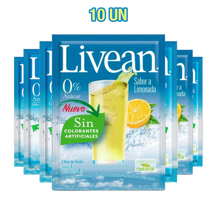Un paquete de 10 zumos con sabor a limonada Livean en sobres individuales azules con un vaso de zumo amarillo en la parte delantera.