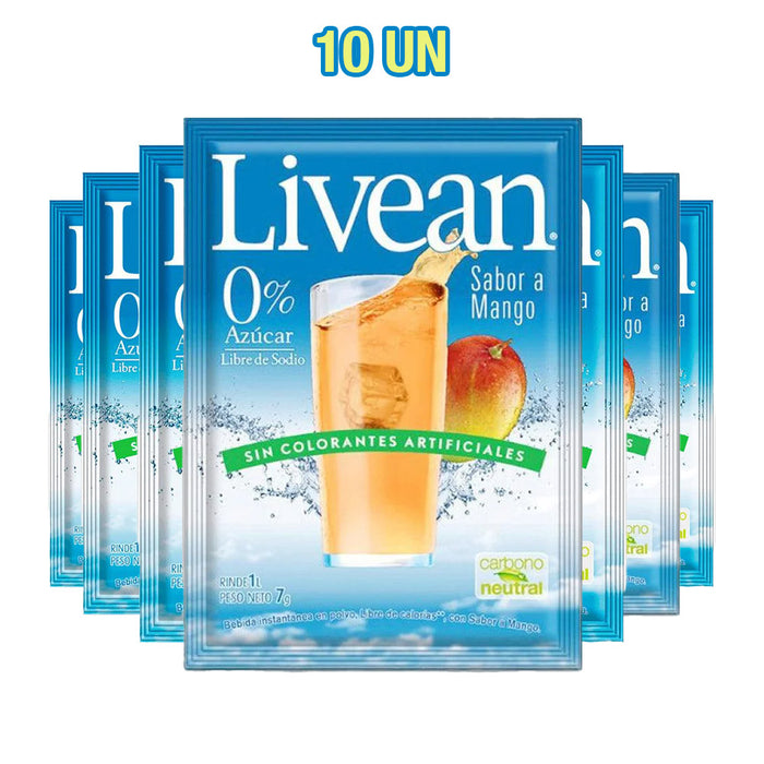 Un paquete de 10 zumos con sabor a mango Livean en envases individuales azules con un vaso de zumo de mango naranja en la parte delantera.