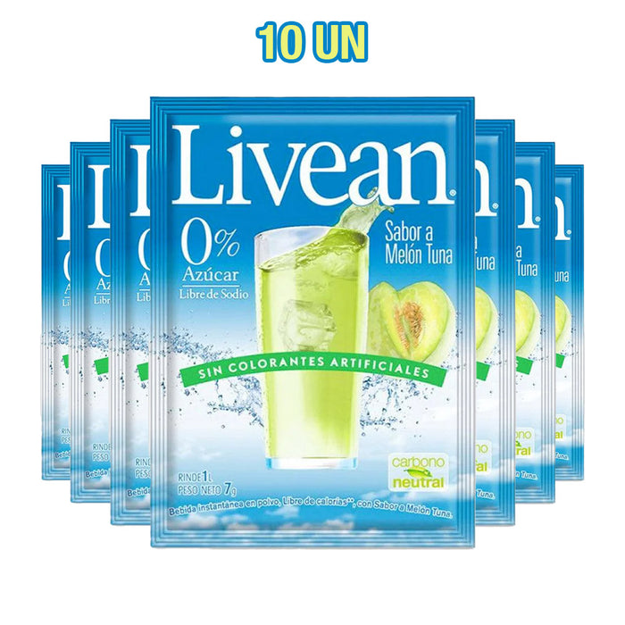 Un pack de 10 zumos Livean sabor Melón Tuna en envases individuales de color azul con un vaso de zumo verde en la parte delantera.