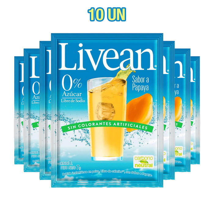Un paquete de 10 zumos Livean con sabor a papaya en envases individuales de color azul con un vaso de zumo de color naranja en la parte delantera.