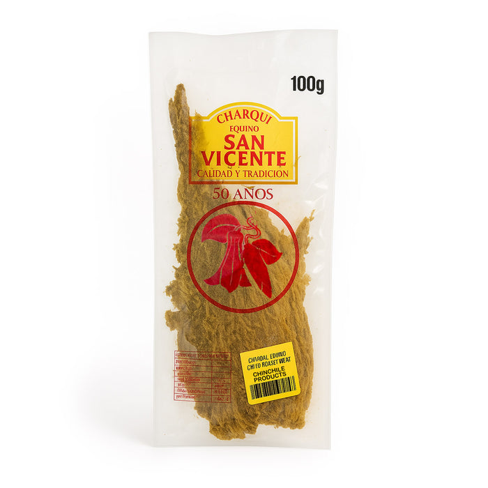 Paquete de charqui de caballo marca San Vicente de 100g sobre fondo blanco.