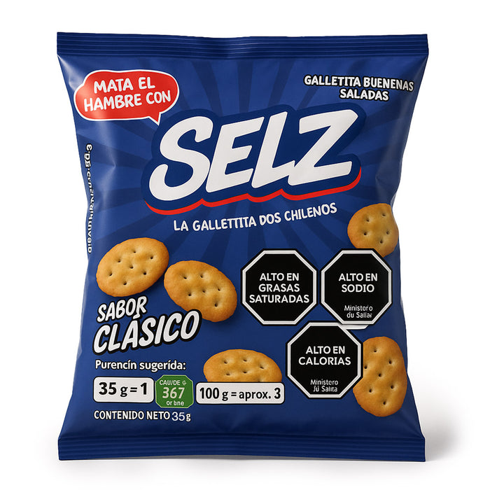 Galletas saladas Selz Classic - Bolsa de 35 g con envase azul, importadas de Chile.