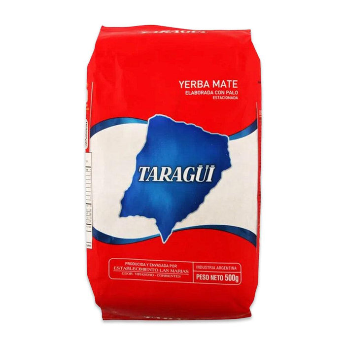Una bolsa de 500 gramos de Yerba Mate en envase rojo.