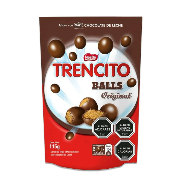 Una bolsa de 115 gramos de bolas de chocolate Trencito con rojo en la parte inferior y marrón en la superior.