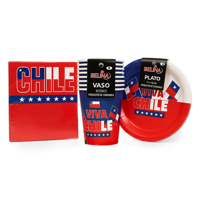 Vajilla con diseño "Viva Chile" sobre fondo blanco