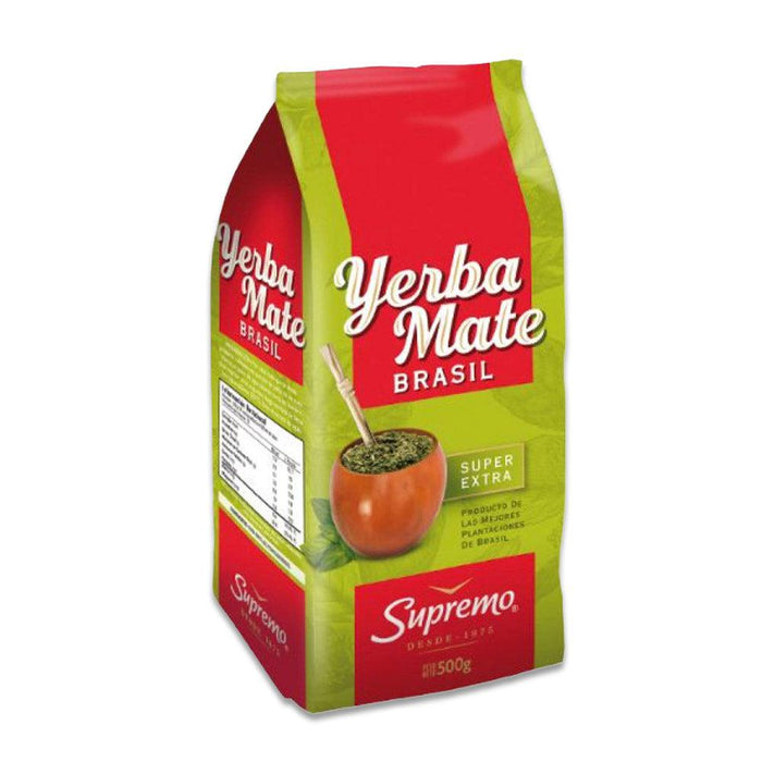 Una bolsa roja y verde de 500 gramos de Yerba Mate de Supremo.