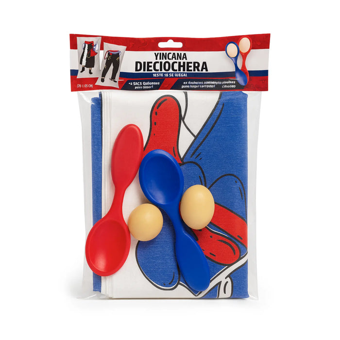 Yincana Dieciochera chilena juego de fiesta con sacos de carreras, cucharas y huevos de madera sobre fondo blanco.