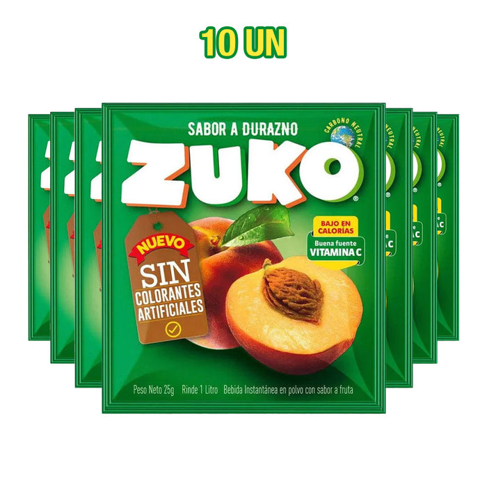 Un paquete de 10 zumos Zuko con sabor a melocotón en sobres verdes.