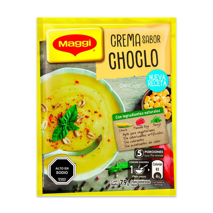 Un paquete amarillo brillante con sopa de maíz en la parte delantera.