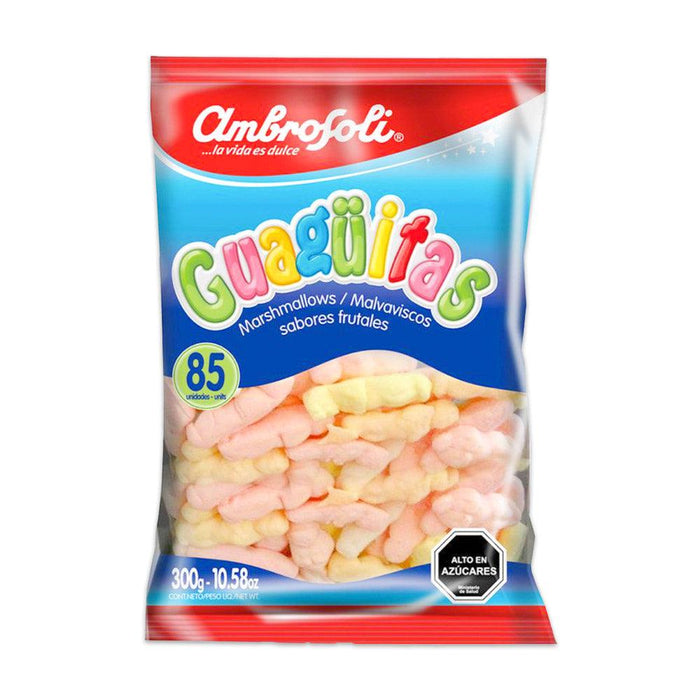 Una bolsa roja y azul de bebés de malvavisco con texto en los colores del arco iris.
