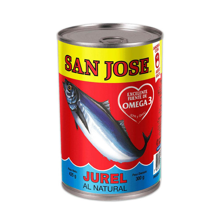 Una lata de 425g de Jurel all nature de SanJosé. Importado de Chile.