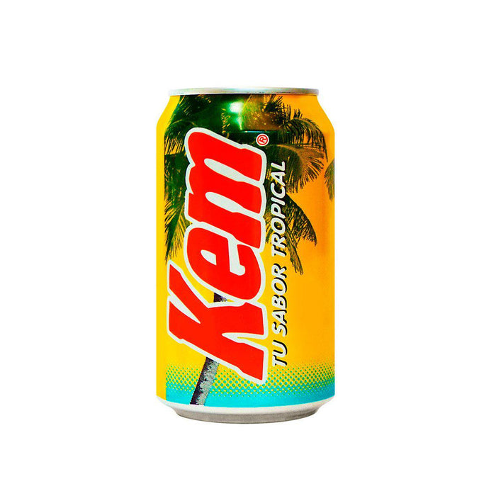 Una lata amarilla de 350 ml de refresco Kem de Chile.