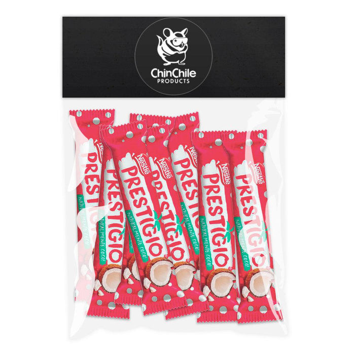 Un paquete de ocho Barras de caramelo Prestigio en envases individuales de color rojo con cocos en la parte delantera.
