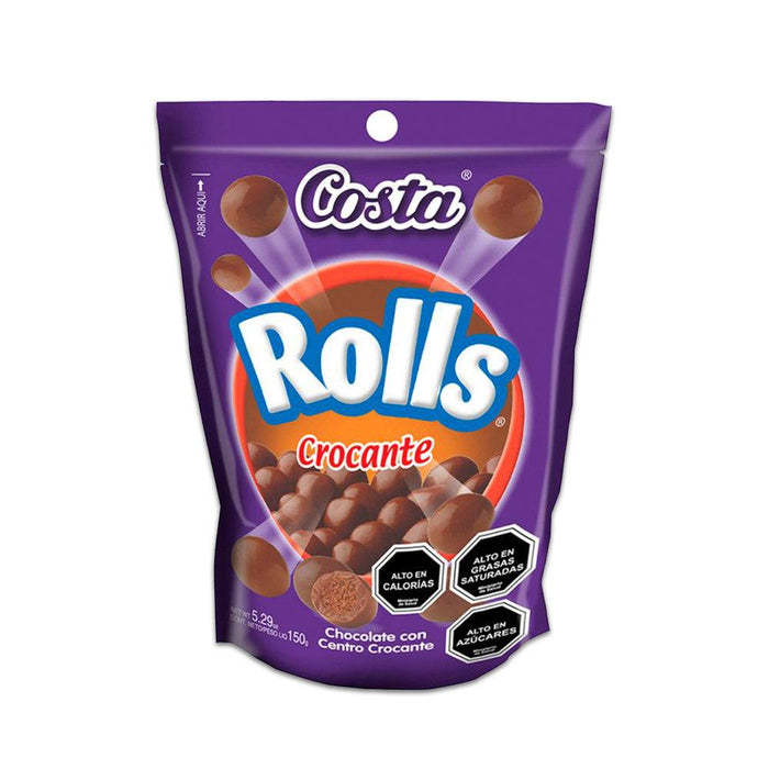 Una bolsa de color morado oscuro con la palabra Rolls en texto grande.