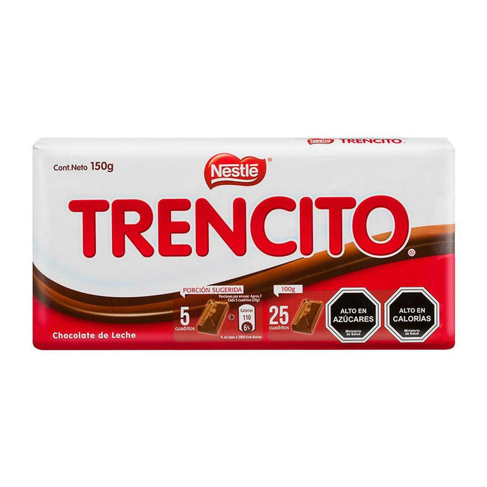 Una tableta de chocolate de 150 gramos envuelta en un envoltorio rojo y blanco.