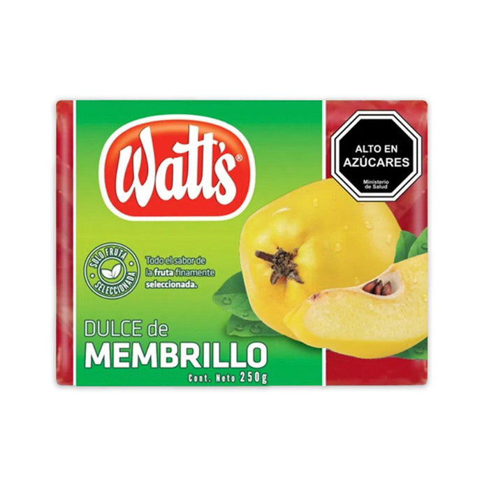 Envase de 250 gramos de fruta para untar con envoltorio verde y amarillo y color rojo oscuro.