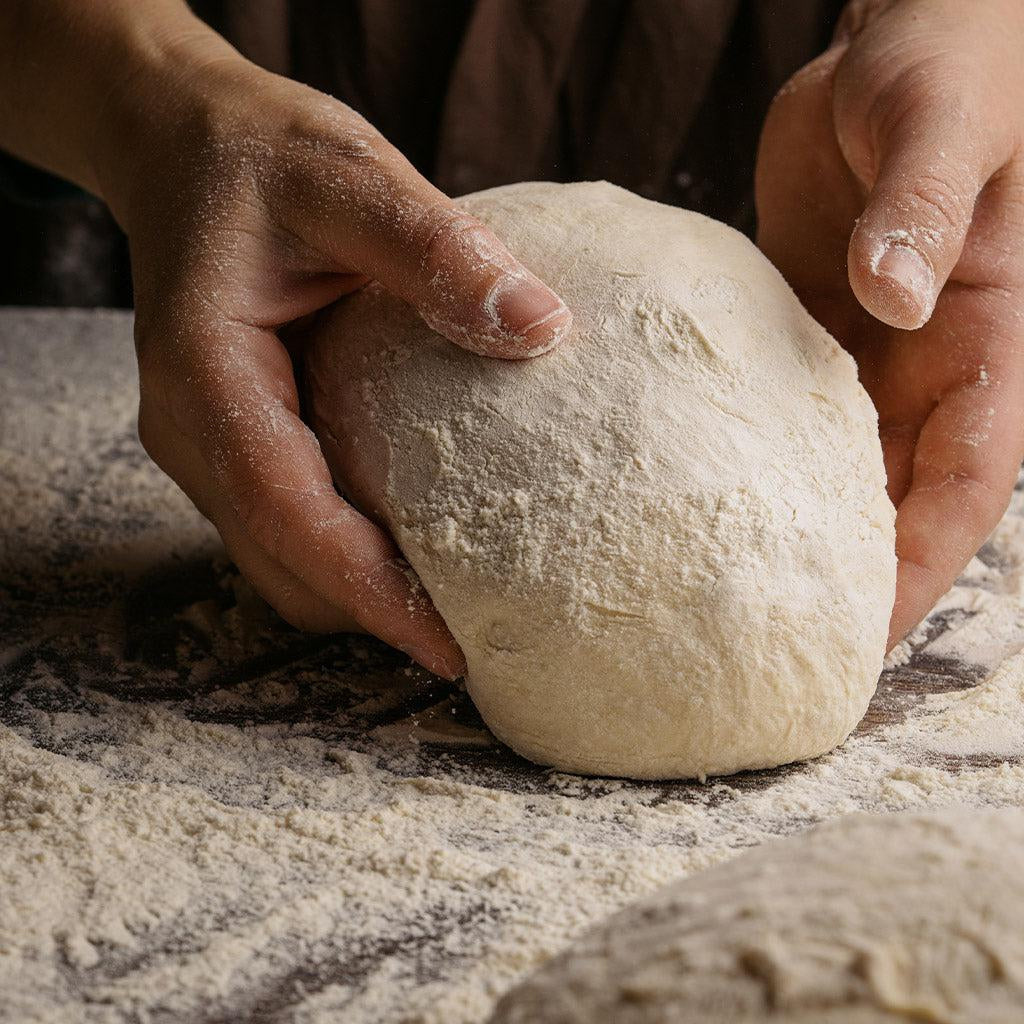 Las manos de un panadero haciendo una nueva hornada de masa.