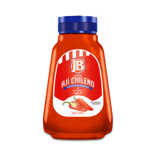 Una botella roja con tapón azul de Ají Chileno.