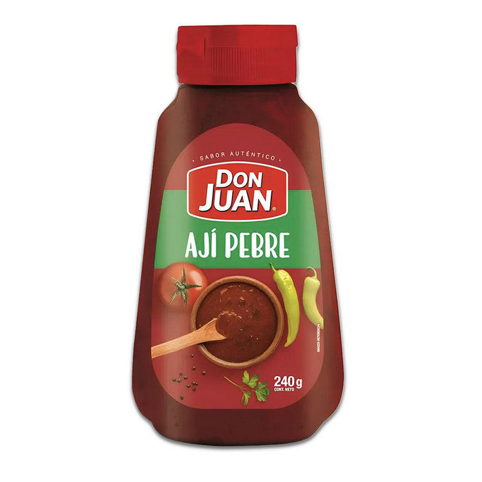 Una botella roja de 240 g de Ají Pebre con un dibujo de salsa picante en la parte delantera.