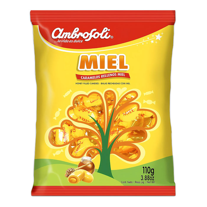 Caramelos rellenos de miel Miel, bolsa amarilla y roja de 110 g, envueltos individualmente, de Ambrosoli.