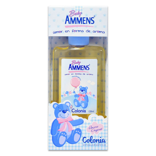 Un frasco de 120 ml de Colonia Baby Ammens en una caja azul. Importado de Chile.