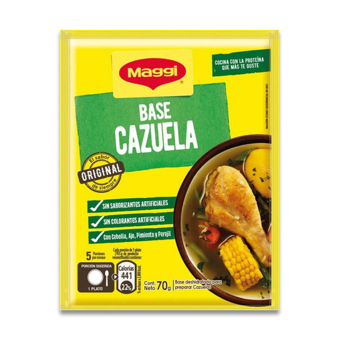 Un paquete amarillo de 70 gramos de cazuela base de Maggi.