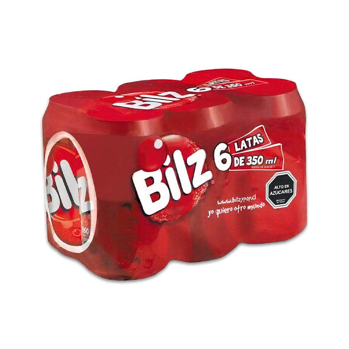 Seis latas de refresco Bilz de color rojo brillante envueltas en un envoltorio de plástico rojo.