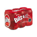Seis latas de refresco Bilz de color rojo brillante envueltas en un envoltorio de plástico rojo.