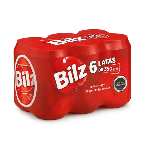 Seis latas de refresco Bilz de color rojo brillante envueltas en un envoltorio de plástico rojo.