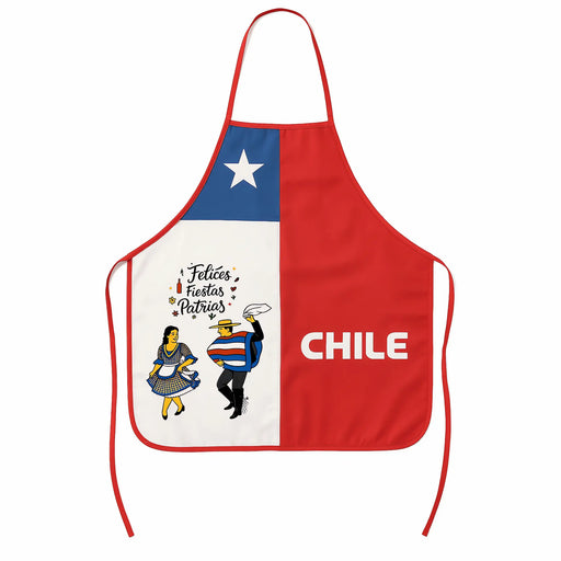 Delantal de Fiestas Patrias con bandera chilena y bailarines de cueca sobre fondo blanco.