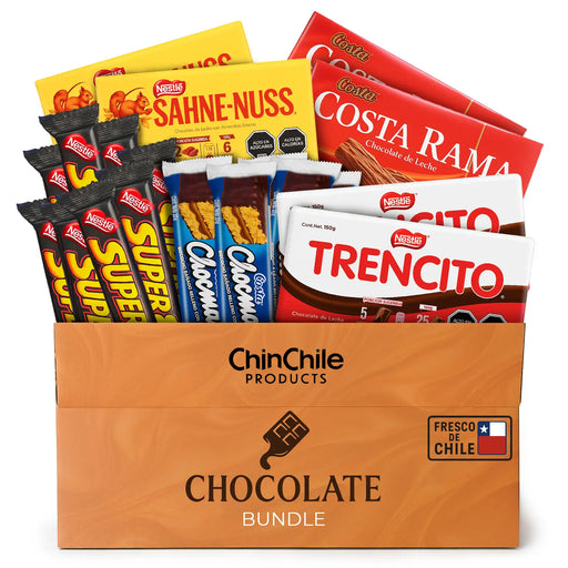 Caja de Chocolate ChinChile Products Bundle con varias barras de chocolate.