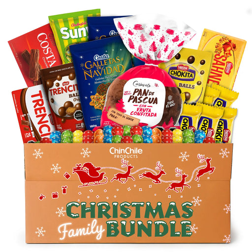 Paquete familiar navideño con diversos aperitivos y dulces en una caja, con marcas como Nestlé y Costa.