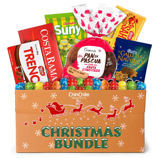 Caja navideña con varios aperitivos y dulces sobre fondo blanco.