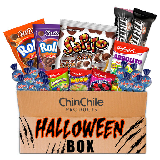 ChinChile Halloween Box con surtido de dulces y galletas chilenas en un paquete festivo.